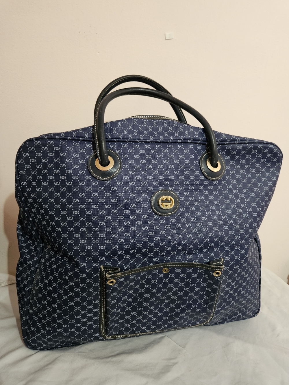 Rare Vintage Gucci Luggage Bag Micro GG Monogram Tote Blue 1970s